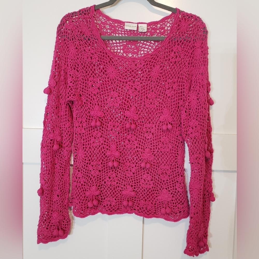 Newport News Open Crochet Pulllover Sweater Embroidered Flowers Hot Pink Size XS